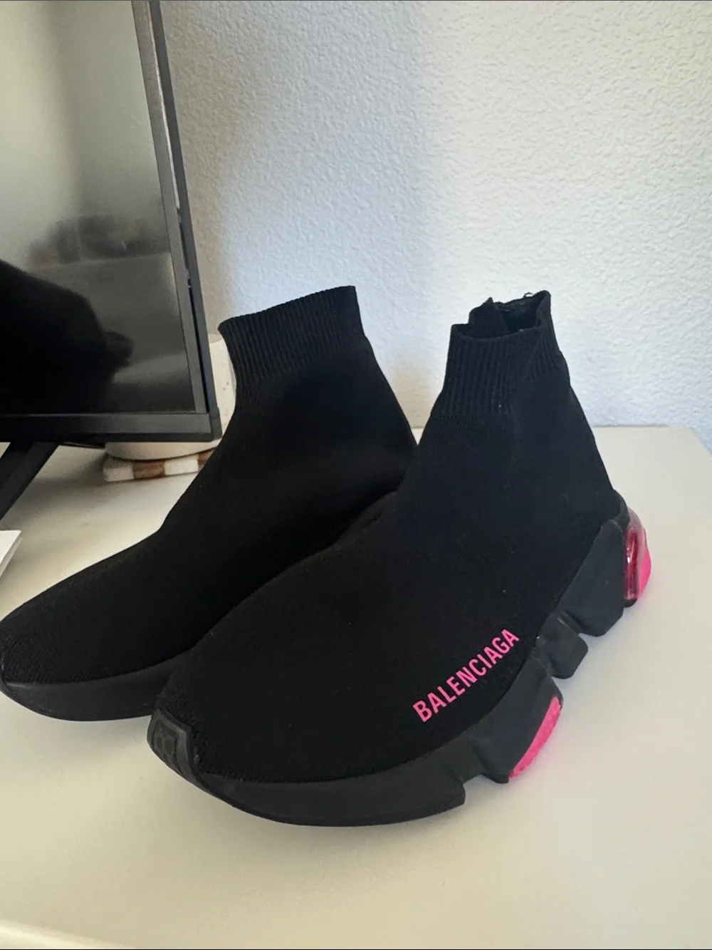 Balenciaga Black Knit Sock Sneakers with Pink Accents